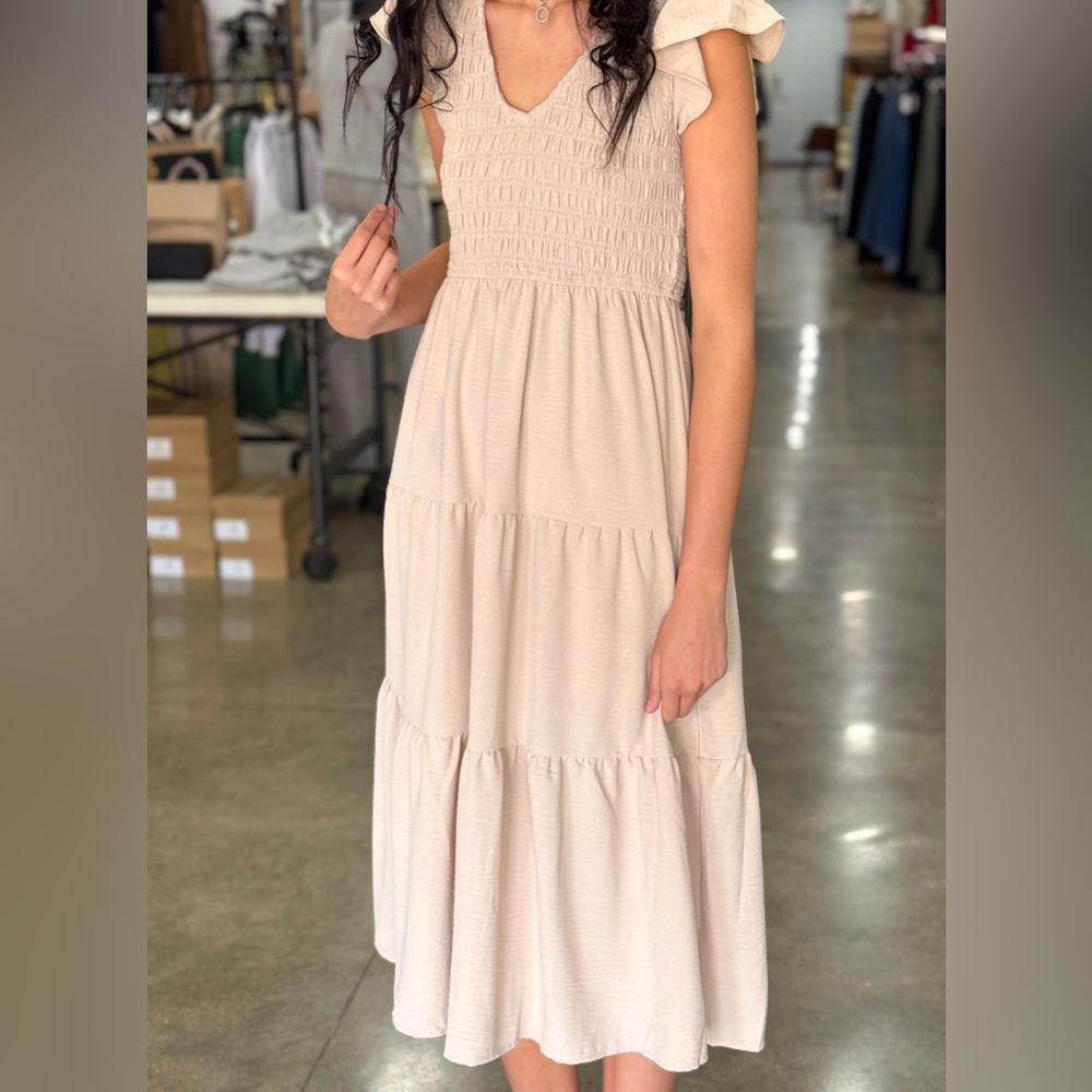 Blu Pepper Beige Smocked Tiered Maxi Dress